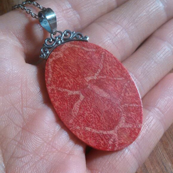Red Sponge Coral Sterling Silver Pendant Stainless Steel Necklace - Picture 10 of 14